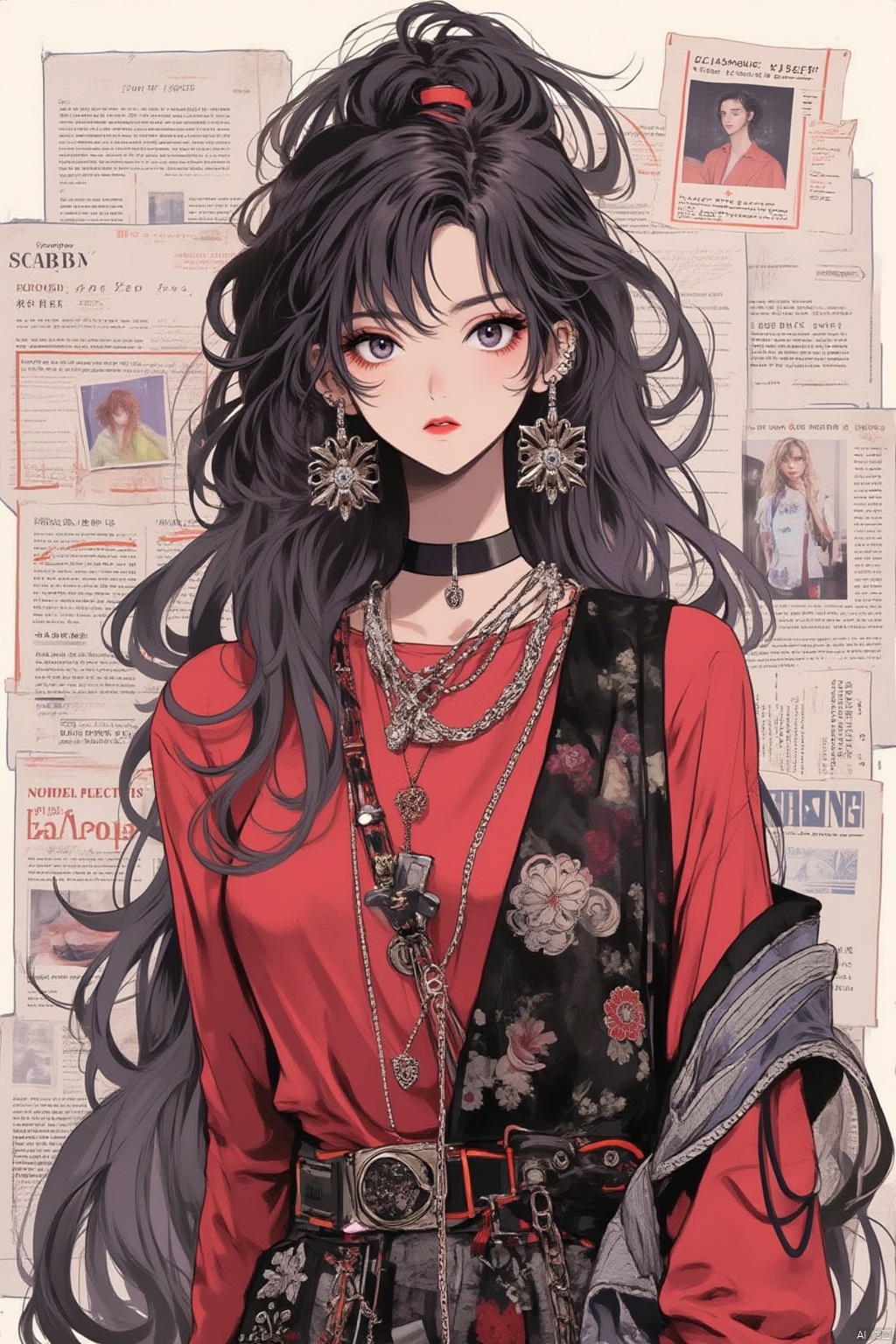 1girl, solo, long hair, looking at viewer, shirt, black hair, jewelry, upper body, earrings, choker, necklace, black eyes, vest, grey eyes, makeup, black choker, piercing, red shirt, ear piercing, red lips