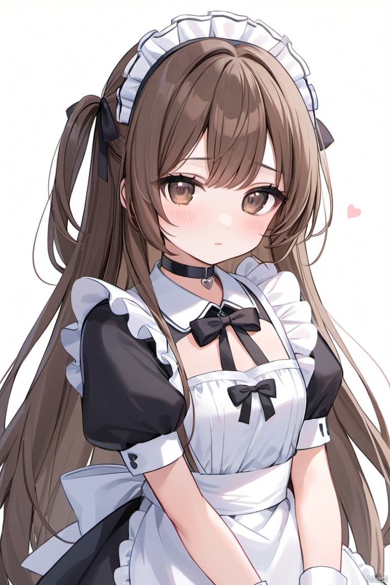 1girl, solo, heart, long_hair, maid, black_ribbon, short_sleeves, simple_background, very_long_hair, puffy_sleeves, white_background, closed_mouth, wrist_cuffs, hair_ribbon, ribbon, brown_hair, puffy_short_sleeves, upper_body, apron, brown_eyes, blush, choker
