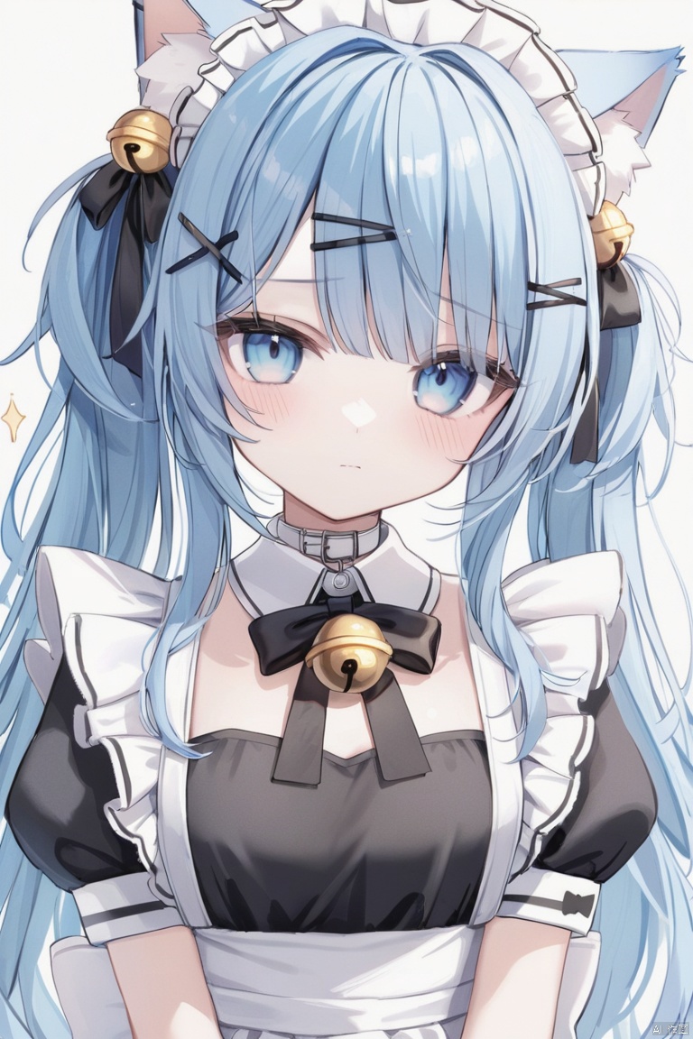 1girl, solo, long hair, looking at viewer, blush, bangs, blue eyes, simple background, hair ornament, white background, dress, bow, ribbon, animal ears, closed mouth, blue hair, upper body, frills, hairclip, cat ears, apron, black dress, collar, maid, maid headdress, sparkle, bell, detached collar, white apron, jingle bell, neck bell, maid apron, white collar
