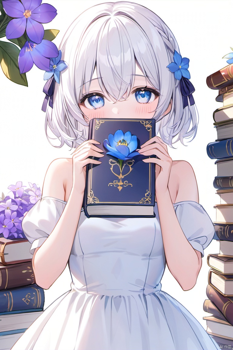 1girl, solo, looking at viewer, blush, bangs, blue eyes, white background, dress, hair between eyes, bare shoulders, collarbone, upper body, flower, white hair, short sleeves, puffy sleeves, off shoulder, white dress, puffy short sleeves, book, hands up, blue flower, purple flower, covered mouth, book stack