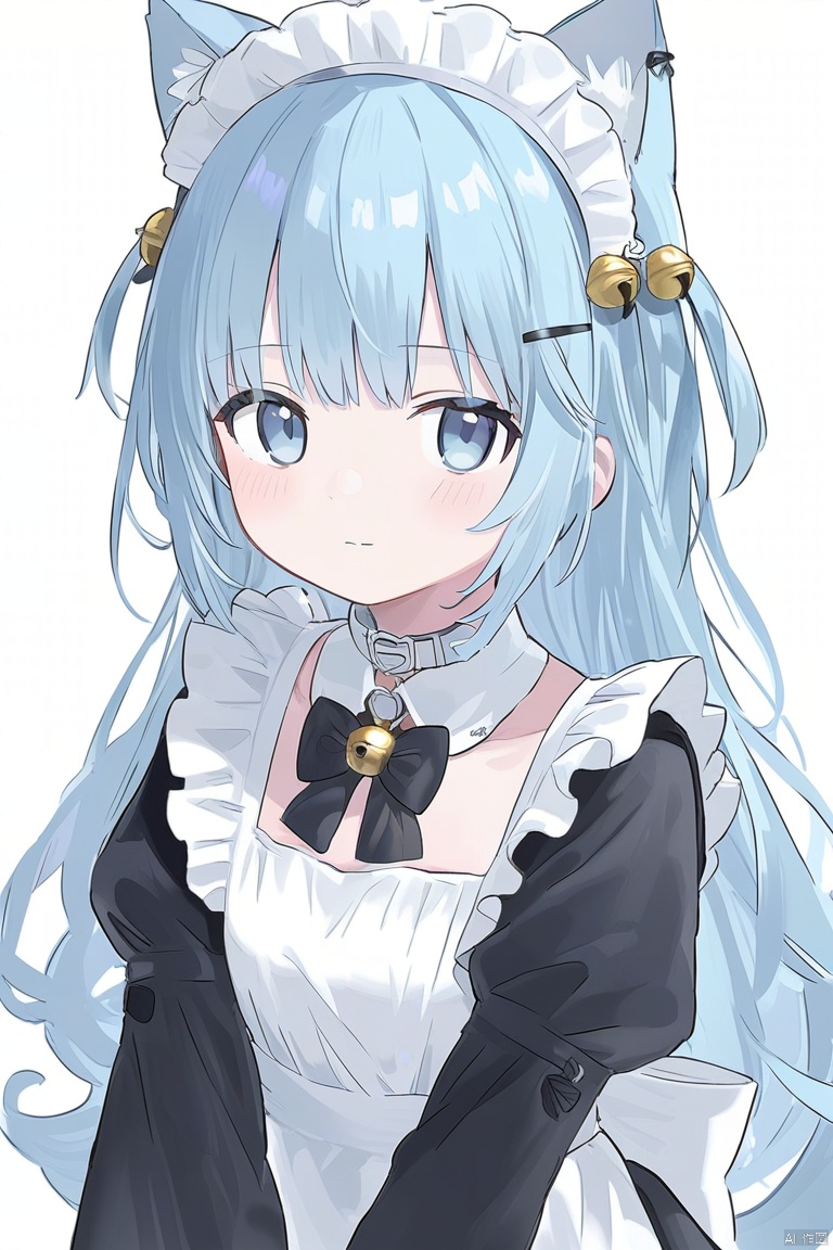1girl, solo, long hair, looking at viewer, blush, bangs, blue eyes, simple background, hair ornament, white background, dress, bow, ribbon, animal ears, closed mouth, blue hair, upper body, frills, hairclip, cat ears, apron, black dress, collar, maid, maid headdress, sparkle, bell, detached collar, white apron, jingle bell, neck bell, maid apron, white collar
