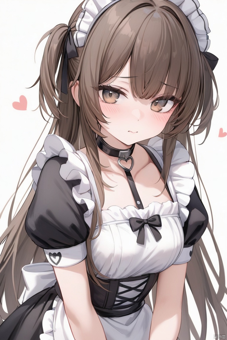 1girl, solo, heart, long_hair, maid, black_ribbon, short_sleeves, simple_background, very_long_hair, puffy_sleeves, white_background, closed_mouth, wrist_cuffs, hair_ribbon, ribbon, brown_hair, puffy_short_sleeves, upper_body, apron, brown_eyes, blush, choker,Masterpiece,Best quality,Extremely detailed