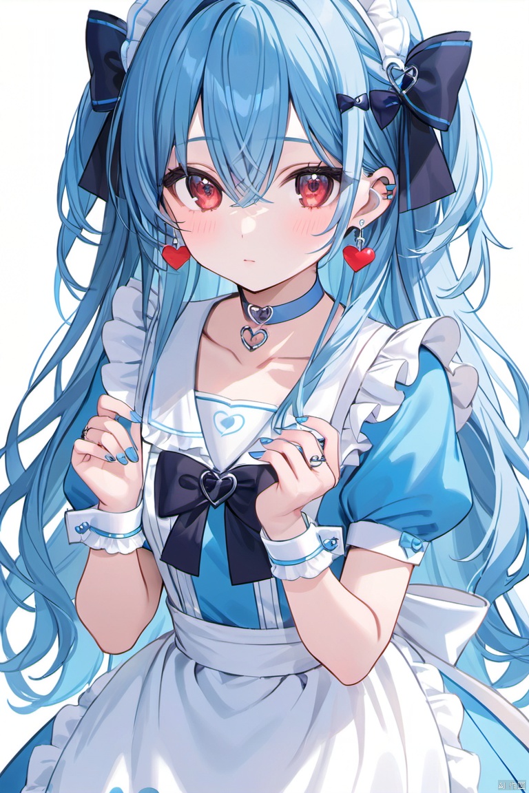1girl, solo, long hair, looking at viewer, bangs, simple background, red eyes, white background, dress, bow, holding, hair between eyes, jewelry, very long hair, closed mouth, blue hair, collarbone, upper body, short sleeves, hair bow, heart, earrings, frills, choker, puffy sleeves, nail polish, apron, puffy short sleeves, wrist cuffs, hands up, black bow, blue dress, blue bow, ring, white apron, blue nails, frilled apron, heart earrings, blue choker, frilled sailor collar