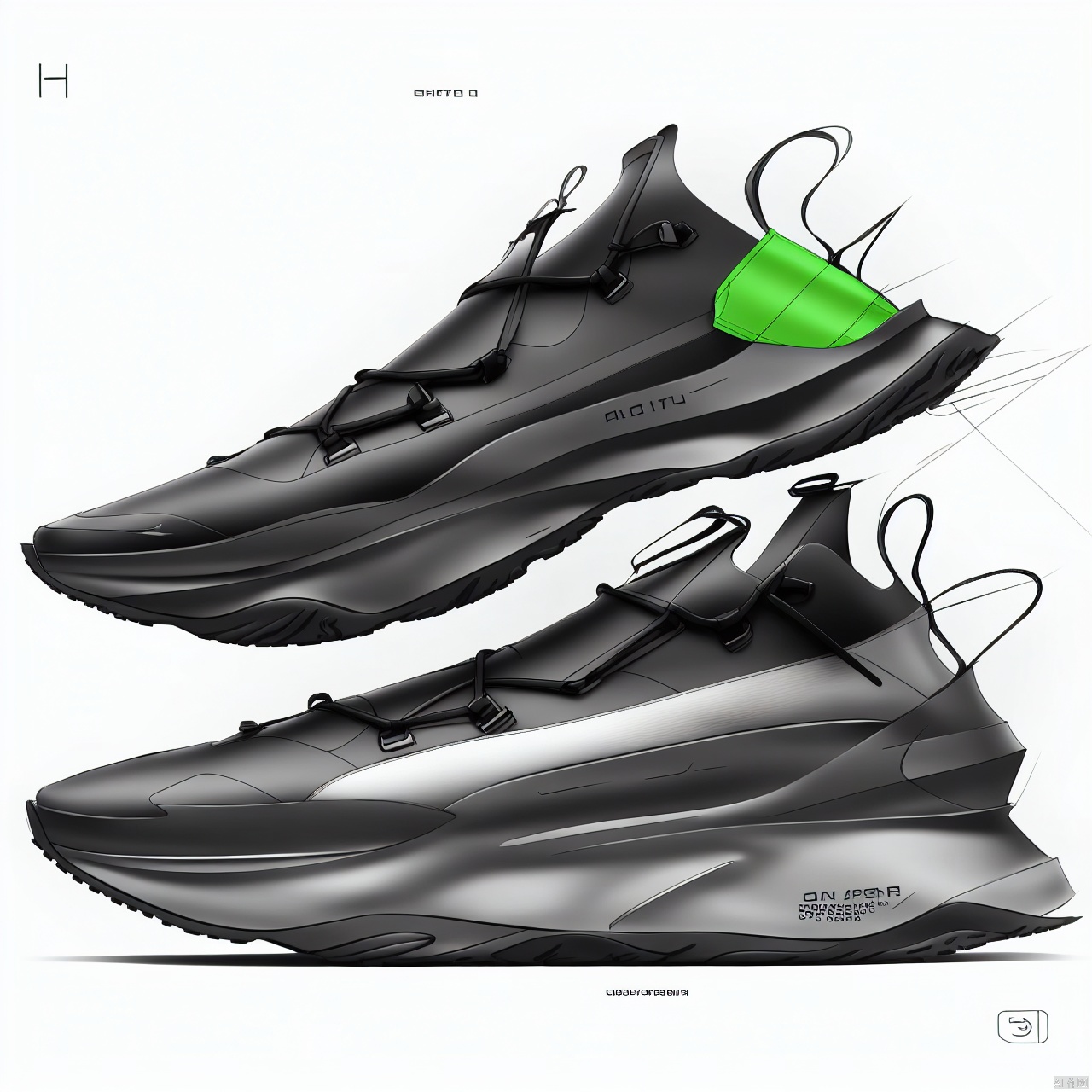 A  shoe design, side view,white background, greyscale, shoes,, grey background, no humans, sneakers, still life, conceptual design, masterpieces of art.Mechanical soles, shoe design,background blurring, Product Design Sketch, Cloth, robots
