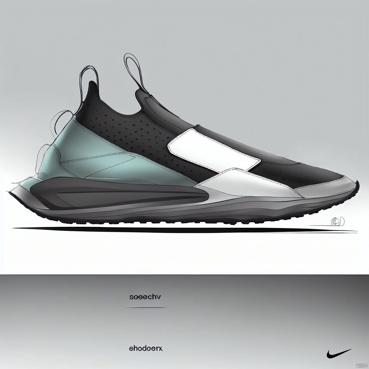 A  shoe design, side view,white background, greyscale, shoes,, grey background, no humans,, conceptual design,  Product Design Sketch,