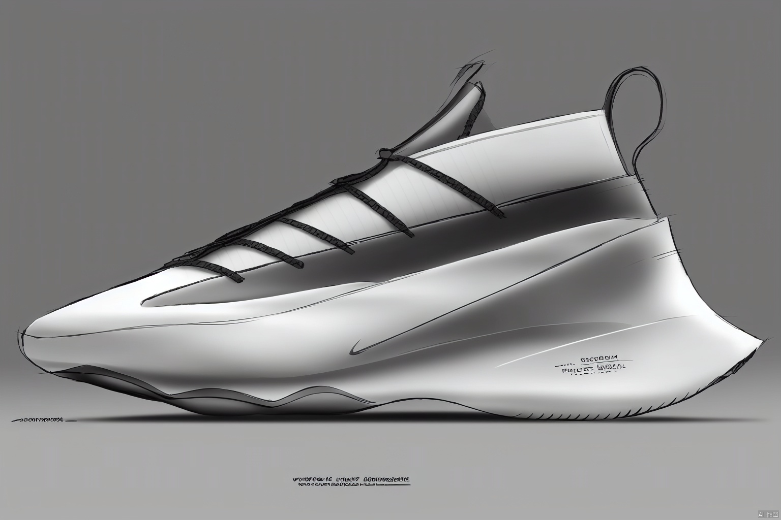 A  shoe design, side view,white background, greyscale, shoes,, grey background, no humans,, conceptual design,  Product Design Sketch,