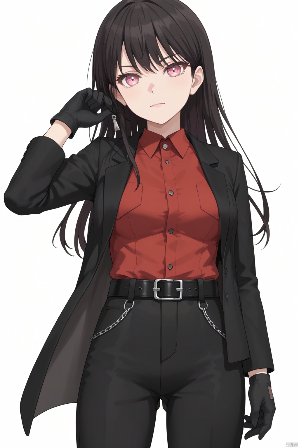 
1girl,solo,looking at viewer,bangs,red shirt, gloves, long sleeves,  closed mouth, standing, jacket,  cowboy shot, open clothes,black gloves, belt, pants, open jacket,  black jacket, white background, black ribbon,  black pants, formal, suit, buckle,  black belt, belt buckle,mana,taki,black hair,long hair,pink eyes