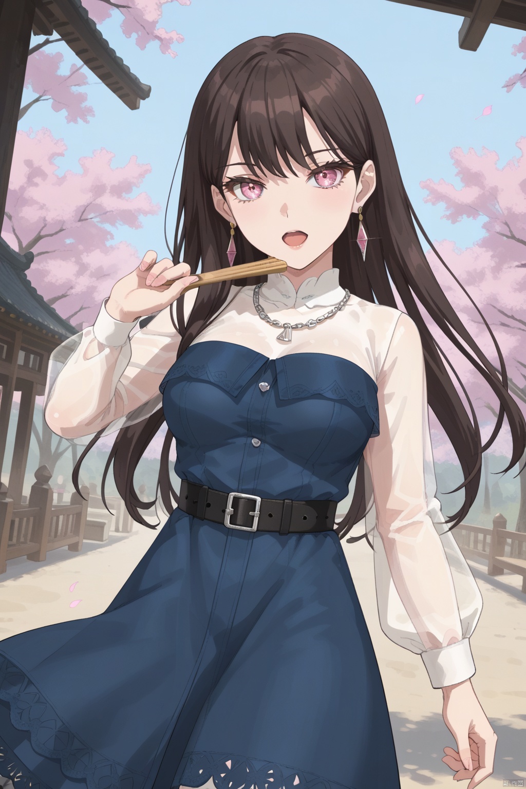 
1girl, solo, long hair, breasts, looking at viewer, open mouth, bangs, brown hair, black hair, long sleeves, dress, holding, jewelry, purple eyes, earrings, belt, necklace, see-through, blue dress, hand fan, see-through sleeves,pink eyes,taki