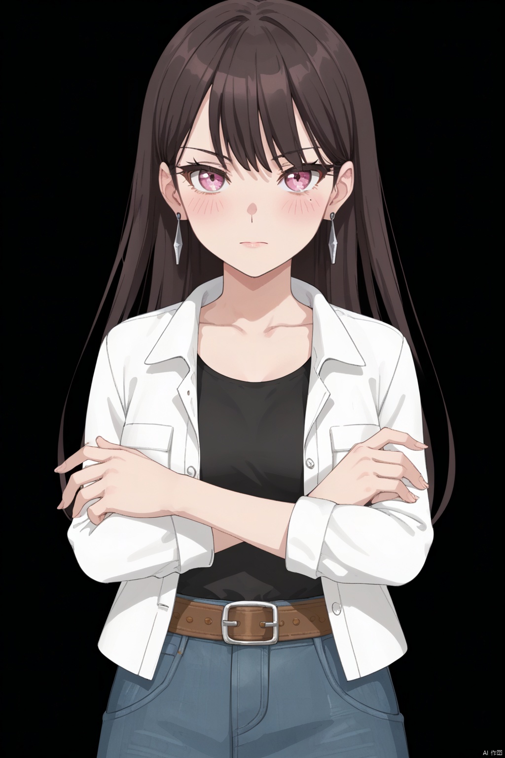 
1girl, solo, long hair, looking at viewer, blush, bangs, skirt, simple background, brown hair, shirt, black hair, long sleeves, jewelry, closed mouth, standing, purple eyes, collarbone, jacket, cowboy shot, earrings, open clothes, belt, black shirt, mole under eye, crossed arms, white jacket, denim, black background, brown belt, denim skirt,pink eyes,taki