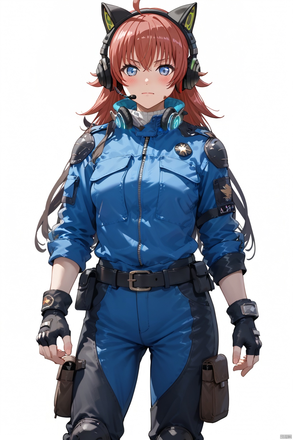 1girl, solo, long hair, looking at viewer, blush, bangs, blue eyes, simple background, long sleeves, white background, animal ears, closed mouth, standing, jacket, ahoge, red hair, belt, pants, hand up, hand on hip, fake animal ears, headphones, blue jacket, headset, animal ear headphones, cat ear headphones,chuchu