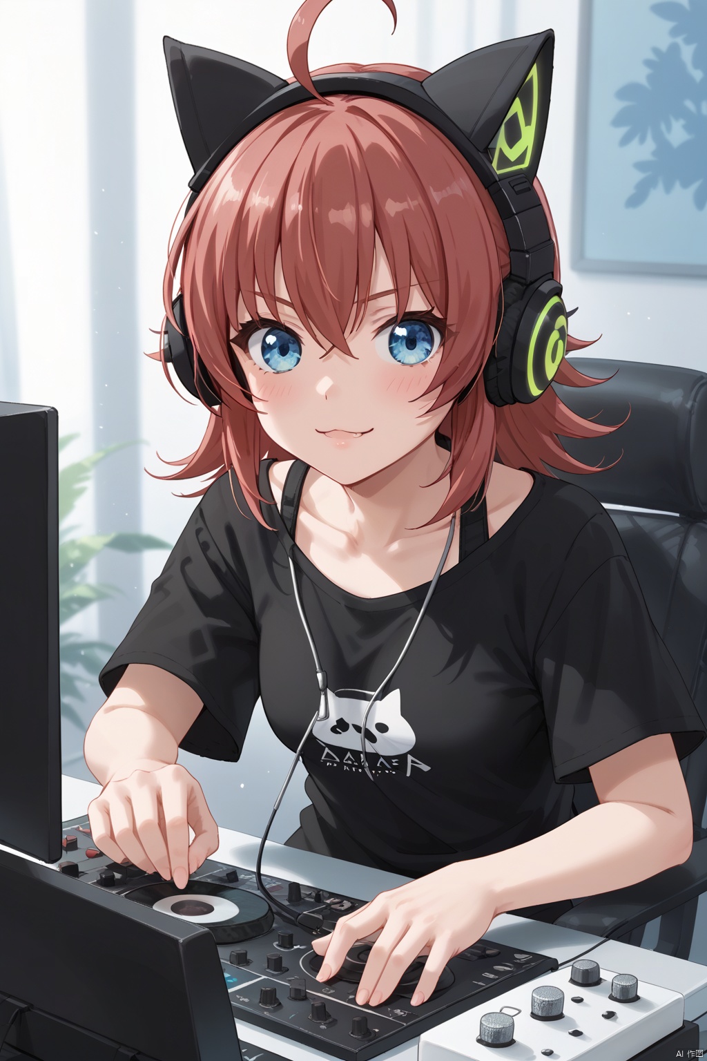 chuchu,cat ear headphones,animal ear headphones,ahoge, red hair, blue eyes