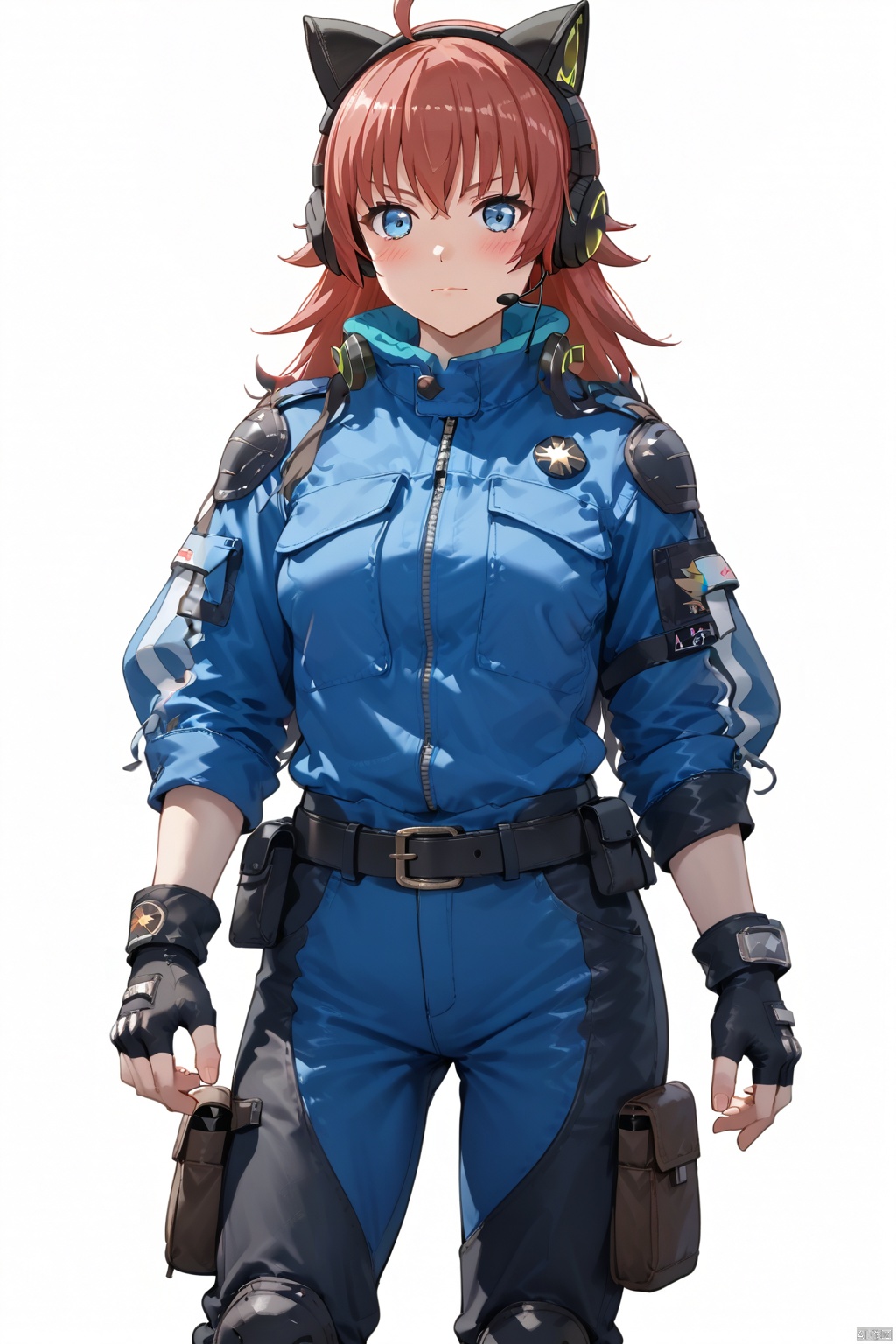 1girl, solo, long hair, looking at viewer, blush, bangs, blue eyes, simple background, long sleeves, white background, animal ears, closed mouth, standing, jacket, ahoge, red hair, belt, pants, hand up, hand on hip, fake animal ears, headphones, blue jacket, headset, animal ear headphones, cat ear headphones,chuchu