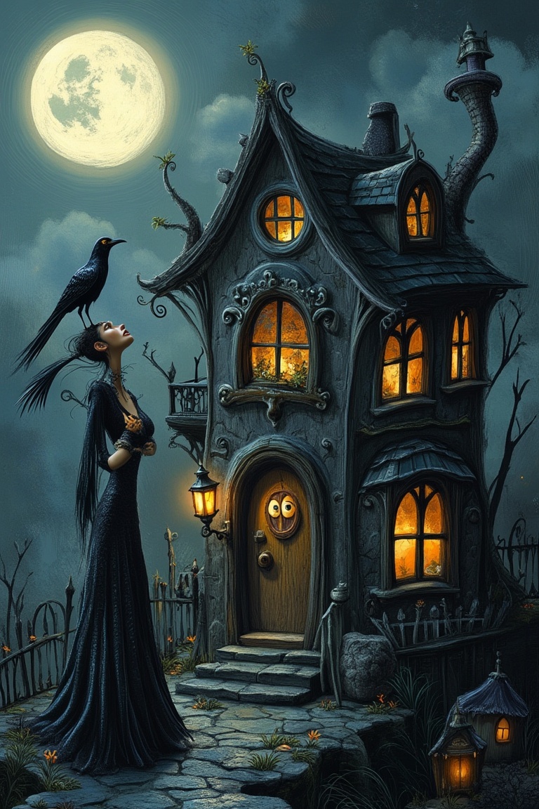 A Tim Burton-inspired 3D render of a whimsical,  gothic house with a woman standing nearby. The house has intricate,  dark...