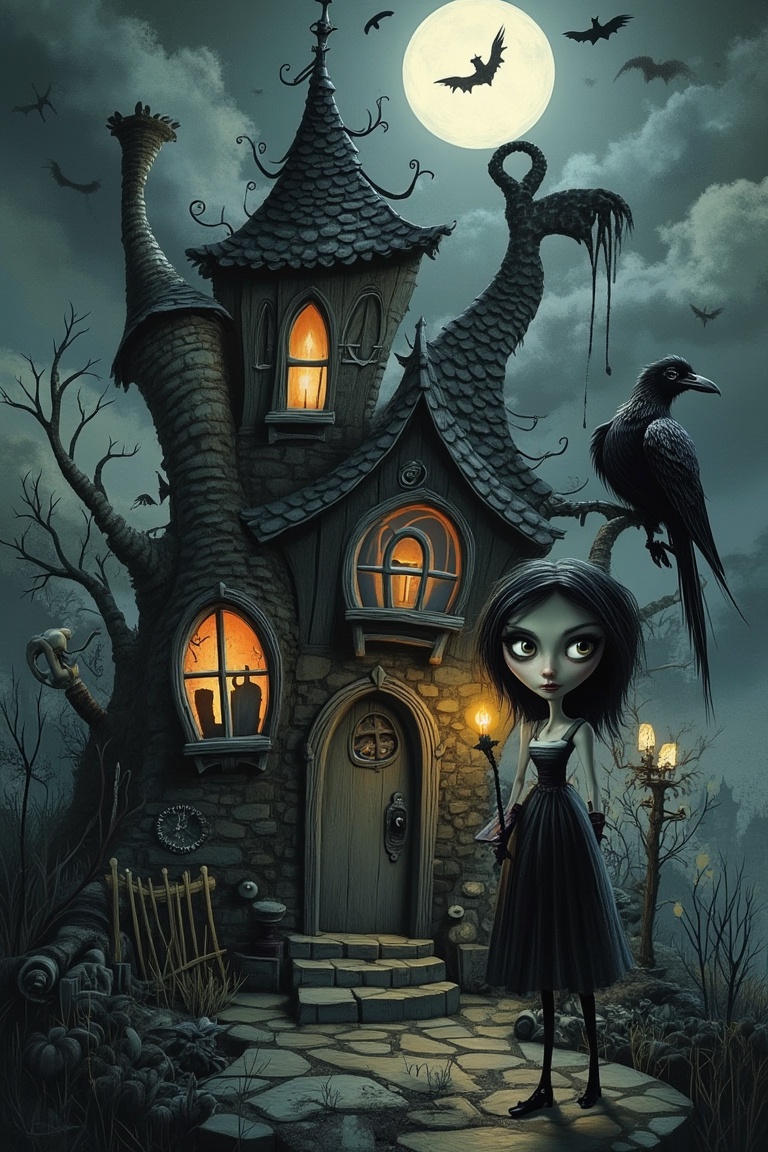 A Tim Burton-inspired 3D render of a whimsical,  gothic house with a woman standing nearby. The house has intricate,  dark...