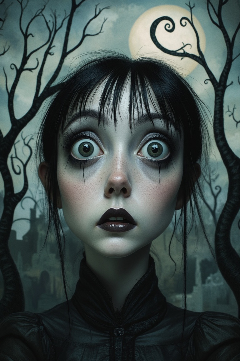 A close-up shot of a woman with Tim Burton's distinctive style. She has pale skin,  dark,  expressive eyes on Tensor.Art