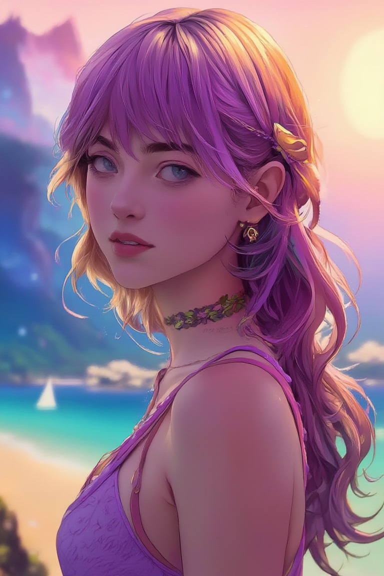 A digital art painting of a woman with long, wavy blonde hair. The woman's hair is a vibrant shade of purple, and she is adorned with a few flowers in her hair. Her eyes are a piercing blue, and her lips are a darker pink. She is wearing a sleeveless pink **** top, and earrings in her ears. The background is blurred, with a mountain range in the distance, and a white sailboat in the water. The sky is a soft orange, and the sun is setting.,txzncl