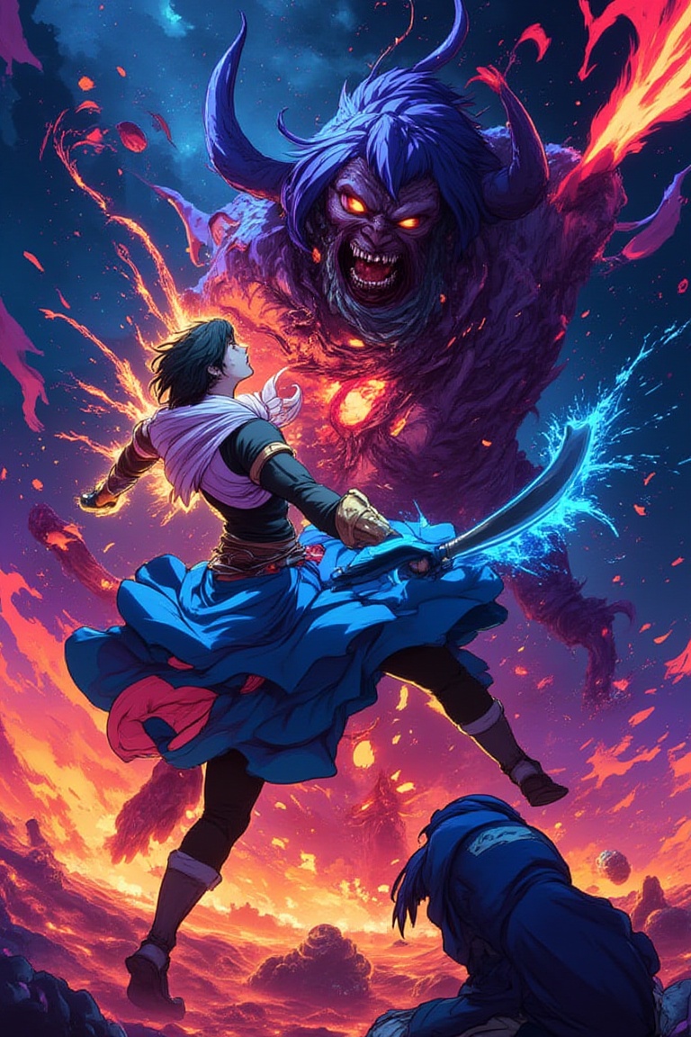 A manga-style anime scene featuring a Demon Slayer character in action, engaged in a fierce battle with a demon. The character is depicted in a dynamic pose, with their sword drawn and energy waves radiating from them. The background is filled with dark, shadowy elements and dramatic lighting, creating an intense and captivating atmosphere. The demon is shown recoiling from the attack, its face contorted in shock and pain. The composition captures the moment of impact, with the character's powerful stance and the demon's reaction adding to the sense of action and urgency. The overall design is dark and thrilling, highlighting the character's strength and determination in their fight against the demon. Captured at eye-level on a vibrant day, adding a pop of color to the scene, txzncl,