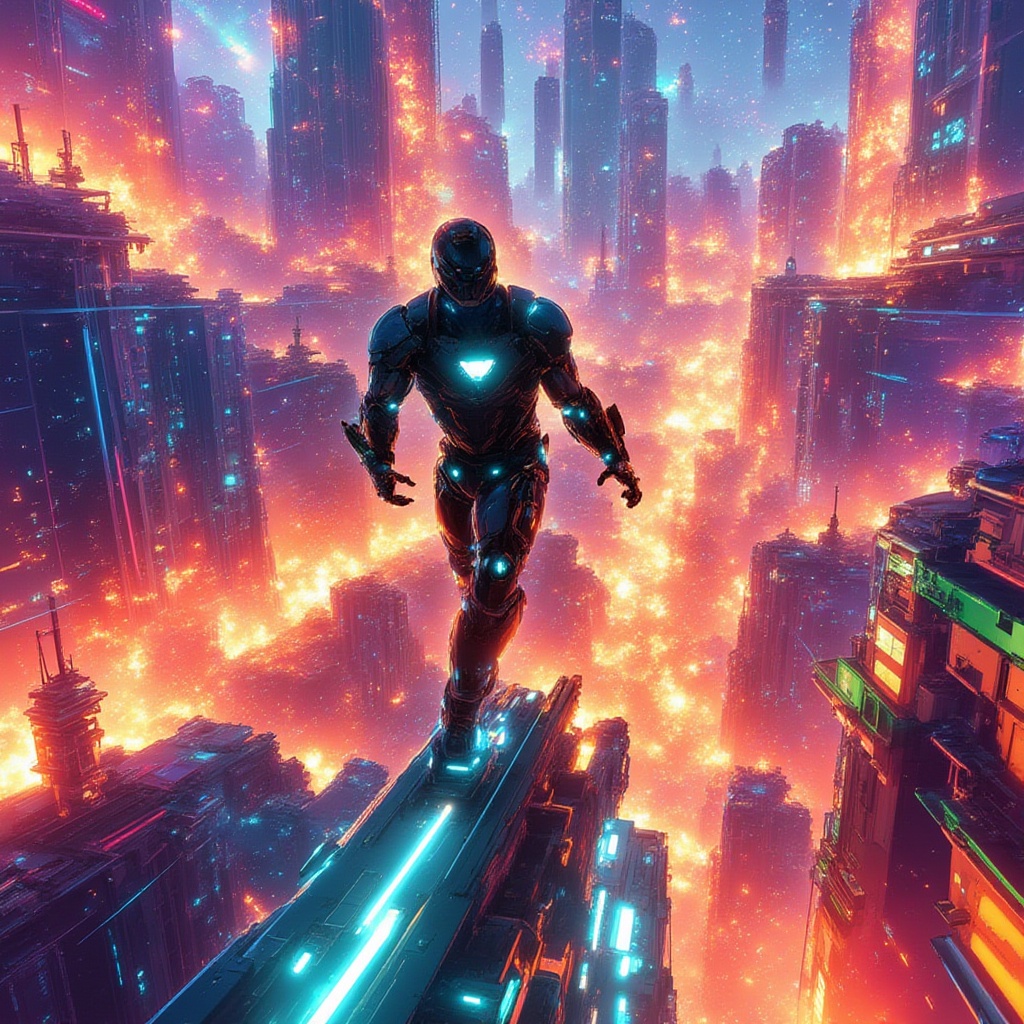 iron man, Warframe. mechanical, sparks explosions city of the future gunfight destroyed city, in a black suit, Marvel, smoke wind. beautiful angle. art. watercolor. streaks. black red white., 4k, beautiful, high resolution,txzncl, Captured at eye-level on a vibrant day, adding a pop of color to the scene,