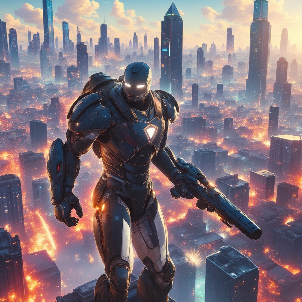 iron man,  Warframe. mechanical,  sparks explosions city of the future gunfight destroyed city on Tensor.Art