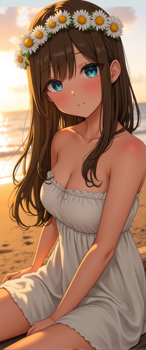 A serene woman with deep blue eyes and long,  flowing hair decorated with a crown of daisies. She is dressed in a simple,...