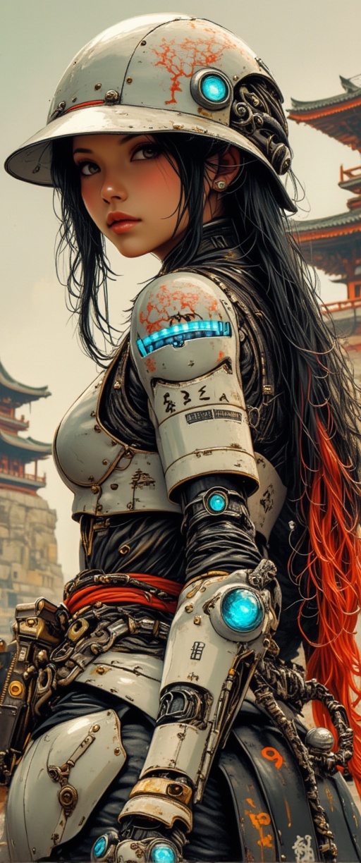 anime,  cyberpunk robot samurai woman,  long loose two-tone hair on Tensor.Art