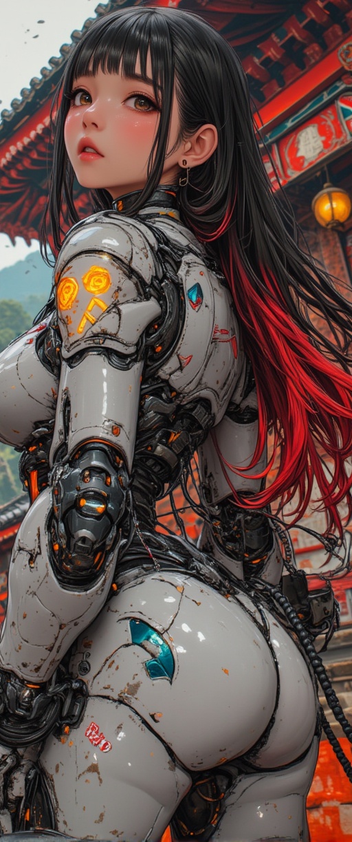 anime,  cyberpunk robot samurai woman,  long loose two-tone hair on Tensor.Art