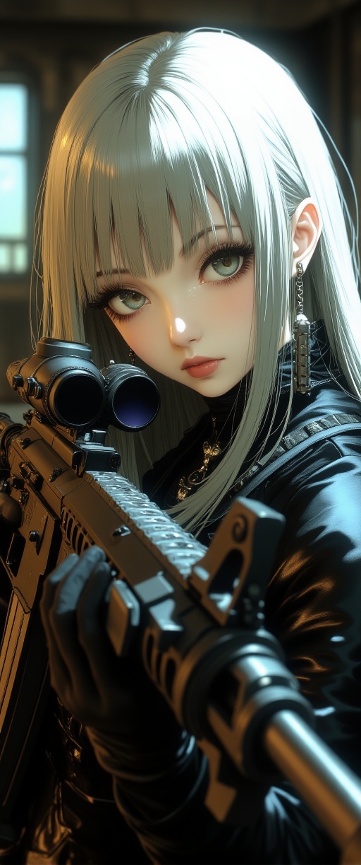 anime image,  goth cyberpunk woman,  long silver straight-cut hair on Tensor.Art