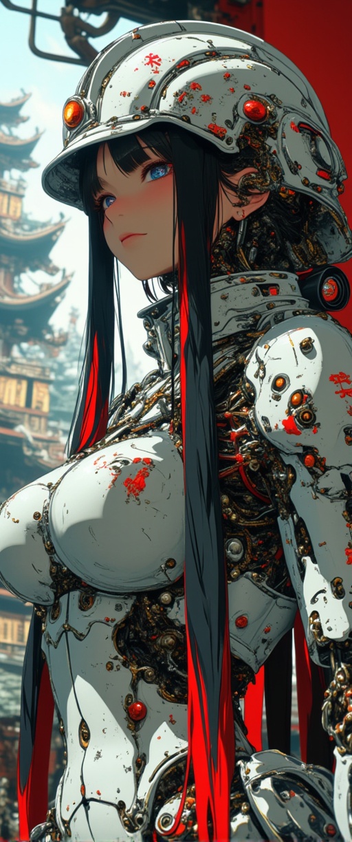 anime,  cyberpunk robot samurai woman,  long loose two-tone hair on Tensor.Art