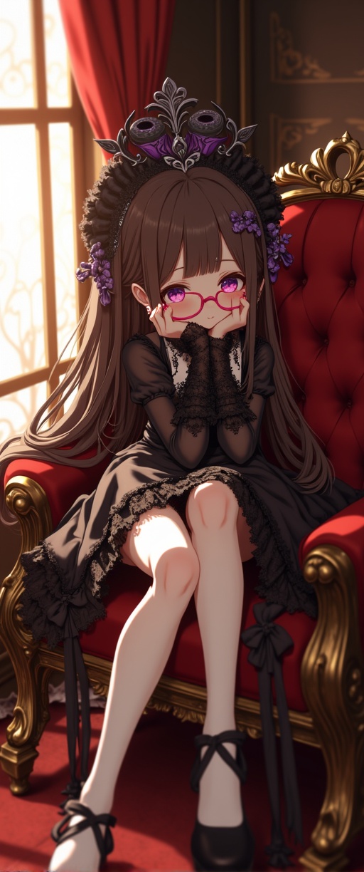 In a warm,  golden-lit chamber,  a captivating anime-style maiden sits serenely on a plush on Tensor.Art