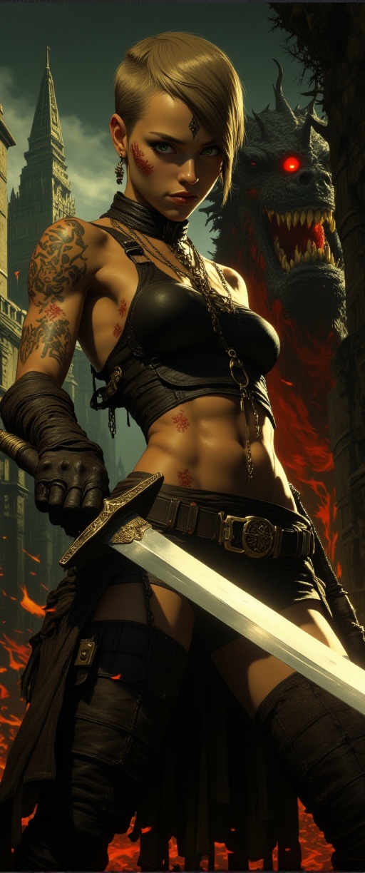 muscular sword fighter street photography of a young man as a ((warrior)) with ((pixie cut hair)) wearing (face tattoos),...