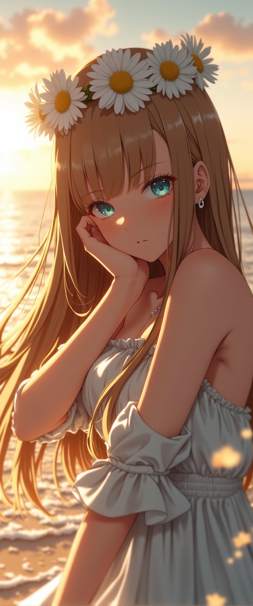 A serene woman with deep blue eyes and long,  flowing hair decorated with a crown of daisies. She is dressed in a simple,...