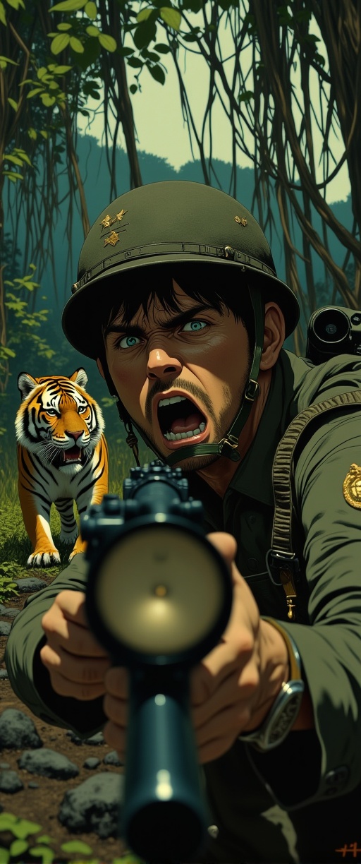 Vietnamese Jungle Ambush: A close-up shot frames a Marine's terrified face,  his eyes wide with fear as he cautiously appr...