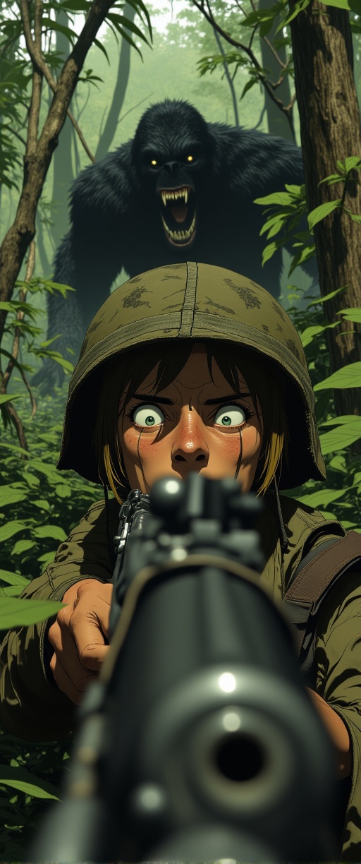 Vietnamese Jungle Ambush: A close-up shot frames a Marine's terrified face,  his eyes wide with fear as he cautiously appr...