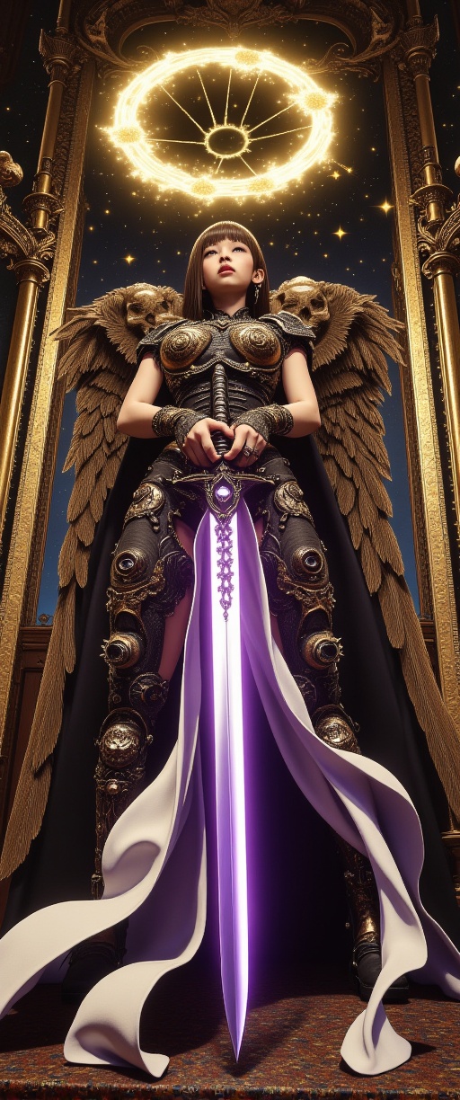 Rococo masterpiece 'Angel of Steel' captures angelic female figure encased in steampunk exoskeleton with intricate knobs a...