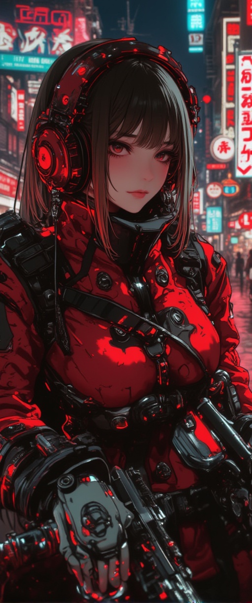 cyberpunk anime,  stunning Japanese woman wearing red and black sci-fi power armour,  headphones on Tensor.Art