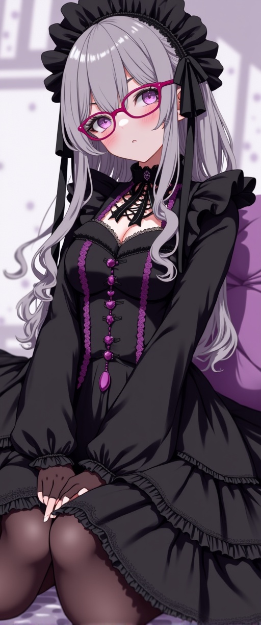 (Cute anime-style ),  Create a highly detailed cute girl sitting on a large cushion,  Her outfit is Gothic Lolita style on...