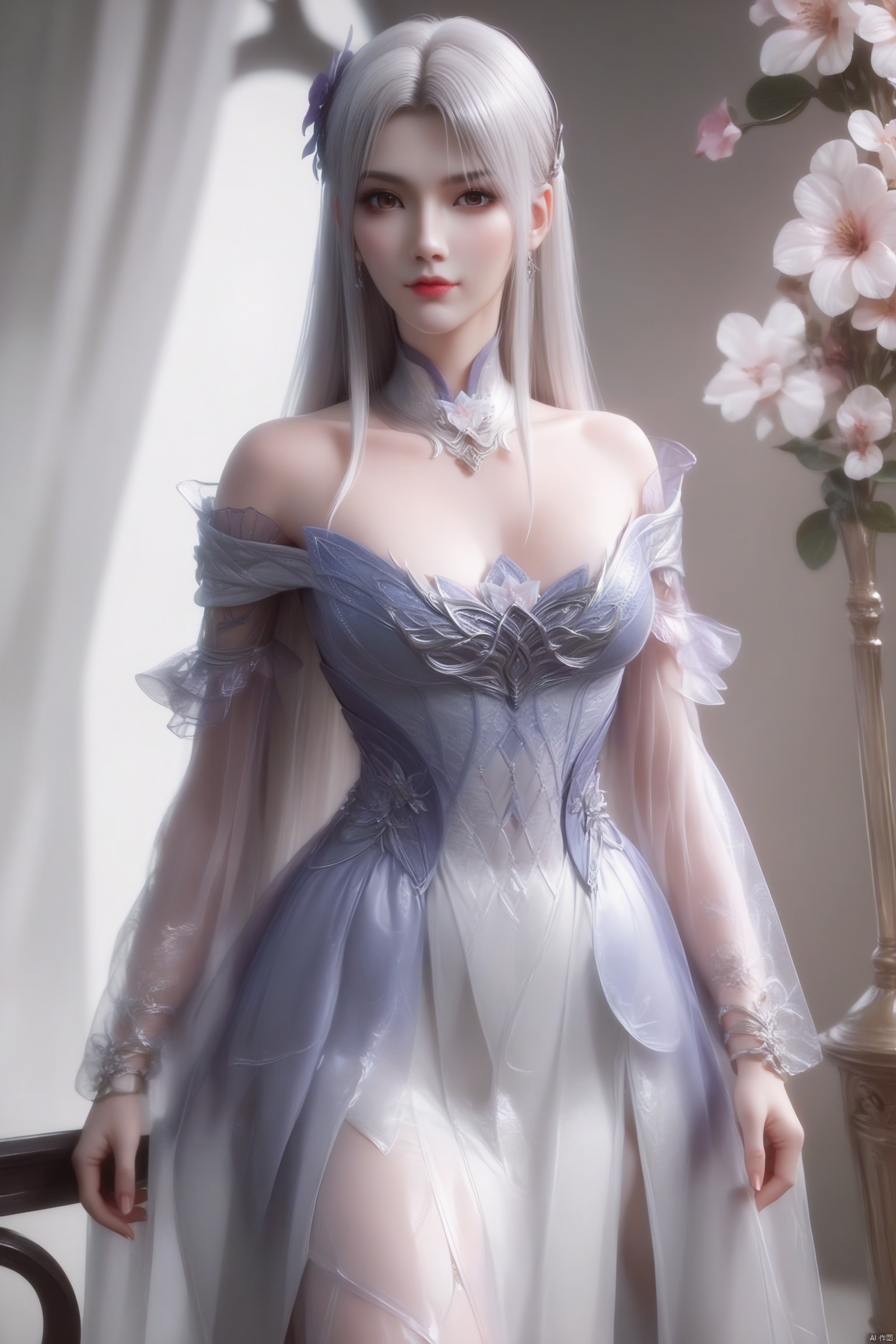 score_9, score_8_up, score_7_up,highly detailed digital,1girl, solo, long hair, breasts, up body,looking at viewer,dress 