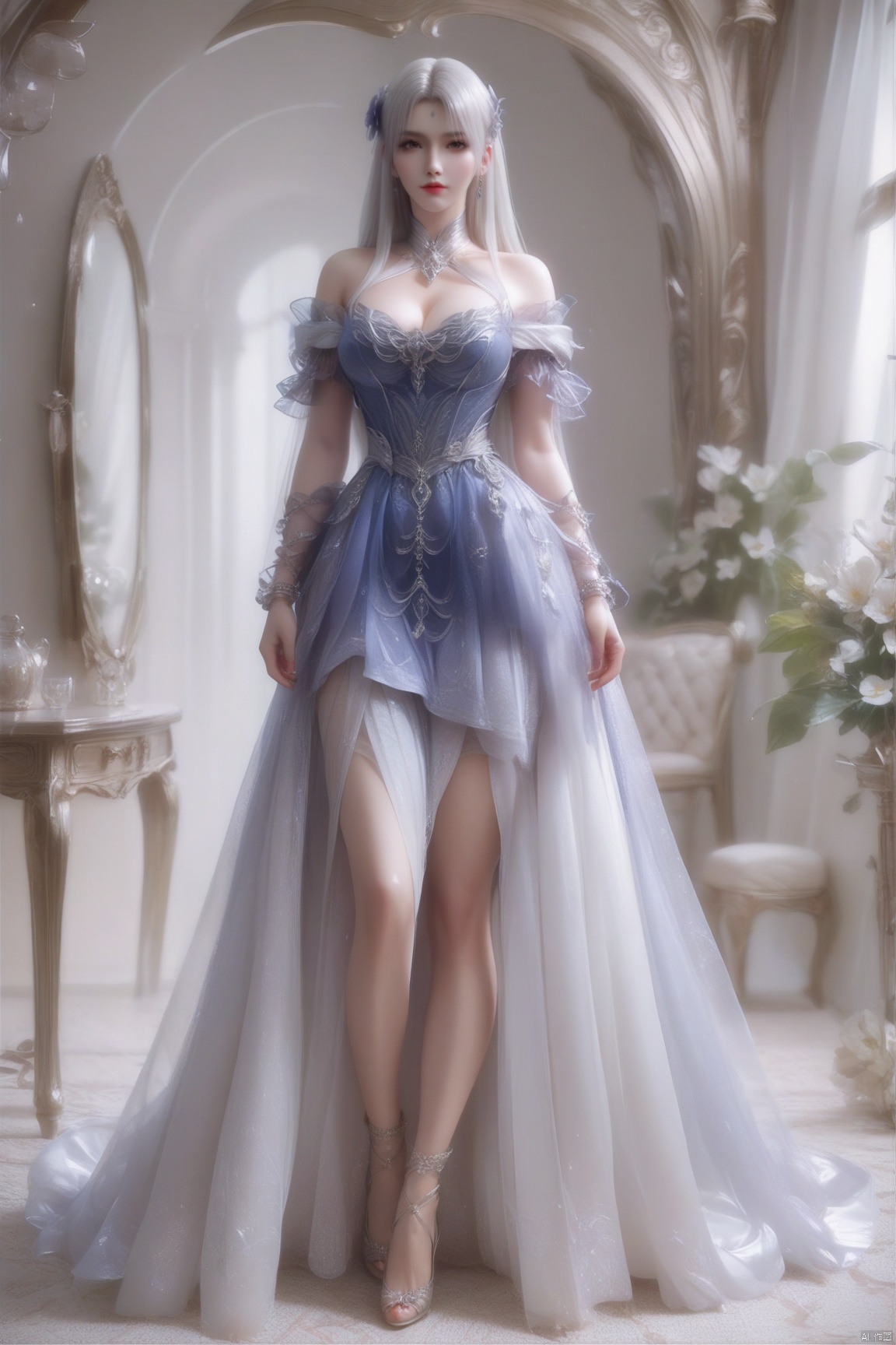 score_9, score_8_up, score_7_up,highly detailed digital,1girl, solo, long hair, breasts, full body,looking at viewer,dress 