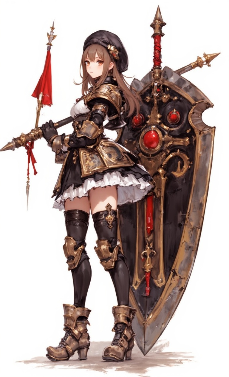 An animated image of a girl in a black and white outfit holding a sword in her right hand. The girl is wearing a black hat...