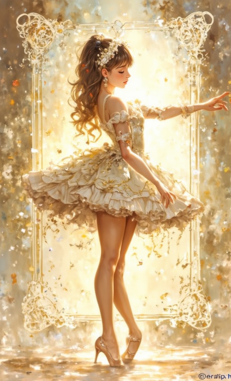 A scene where a girl is striking a ballet pose against a simple light-colored background. She shines on stage wearing an e...