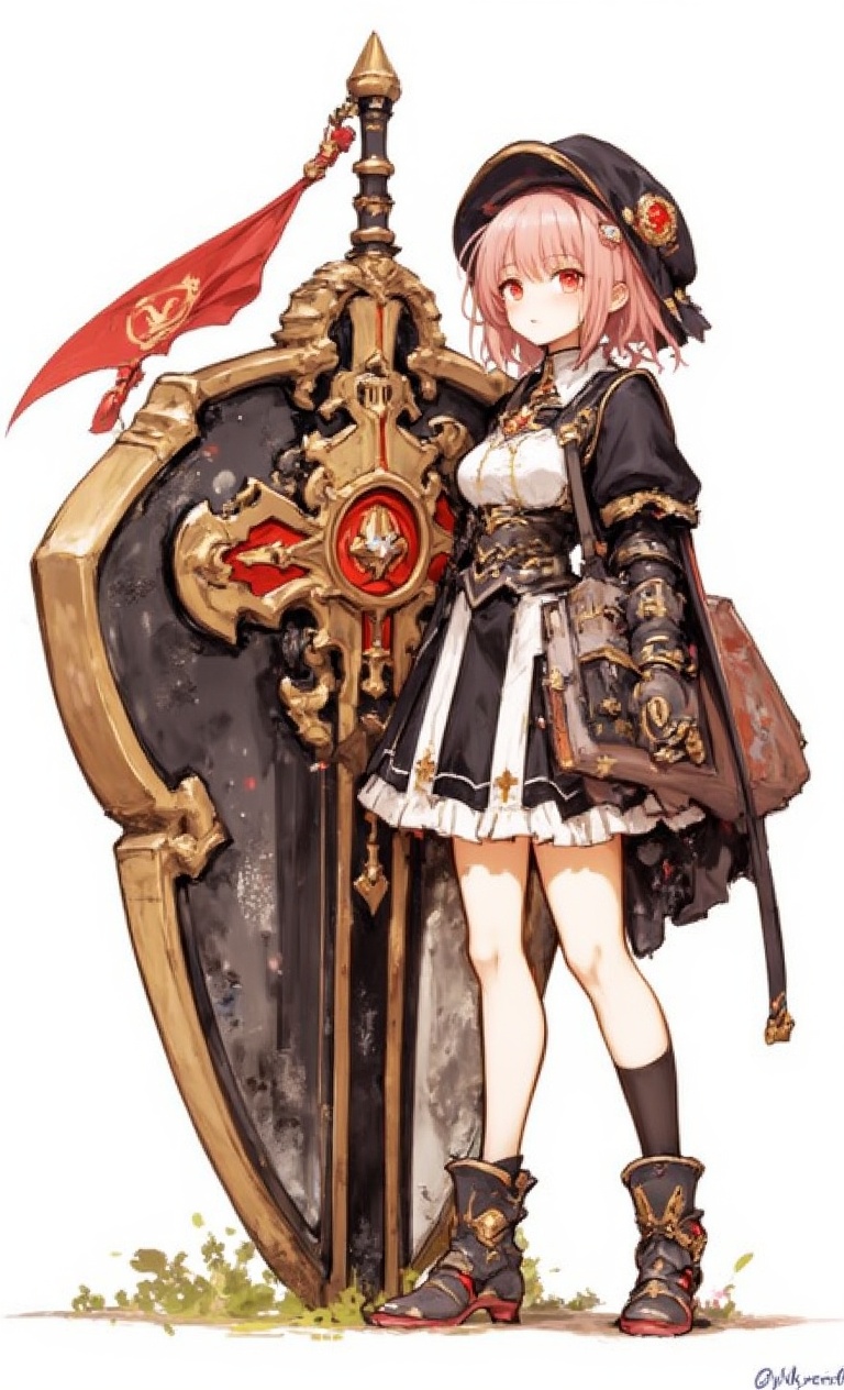 An animated image of a girl in a black and white outfit holding a sword in her right hand. The girl is wearing a black hat...