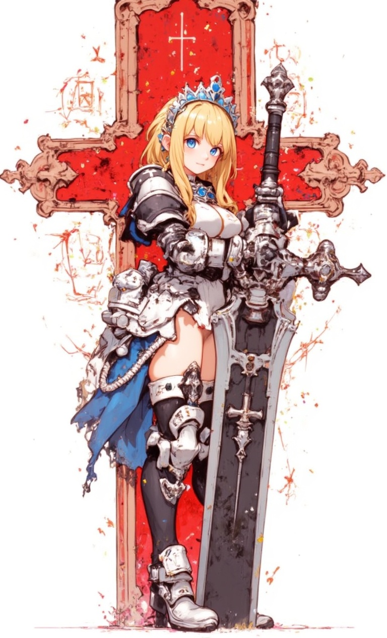 It features a cartoon of a female warrior standing in front of a red cross with a silver cross on the left side of the fra...