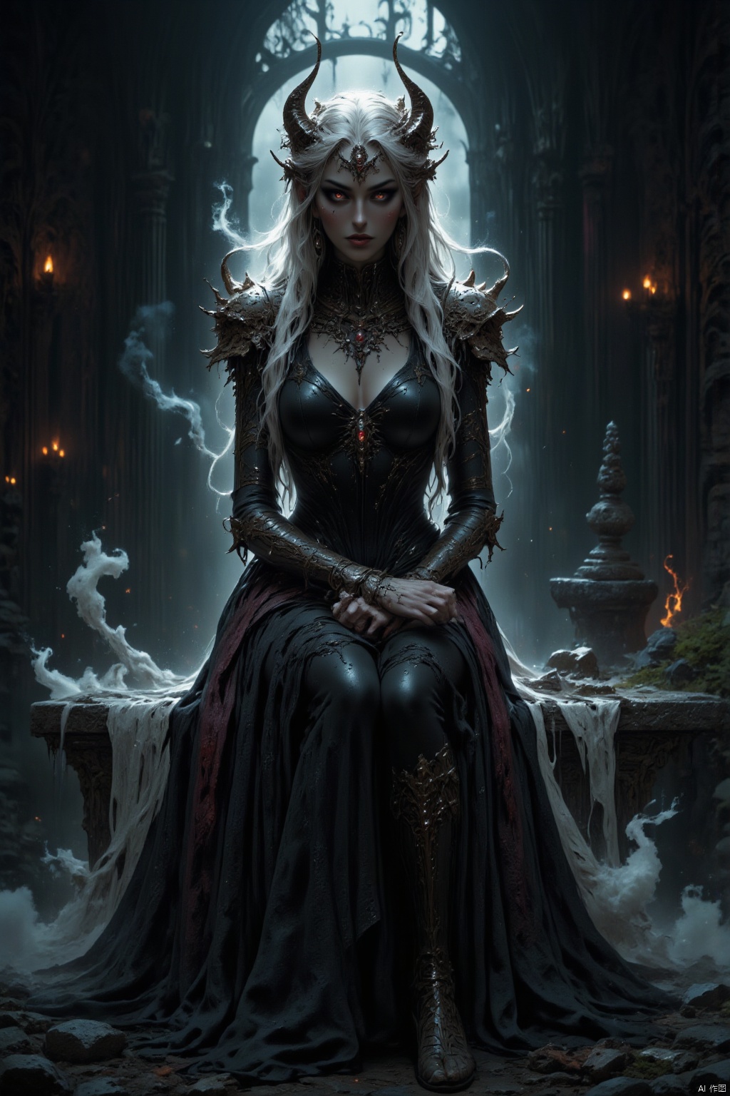 Cinematic photo of a succubus sitting comfortably atop of a large tombstone looking directly into the eyes of the viewer. Her white hair, dark skin, and red eyes stand out in the foggy dim. Smoke float in the air, creating a mystical and intense atmosphere. Mystical portal to the hell gates can be seen on the background.,BEST_OF
