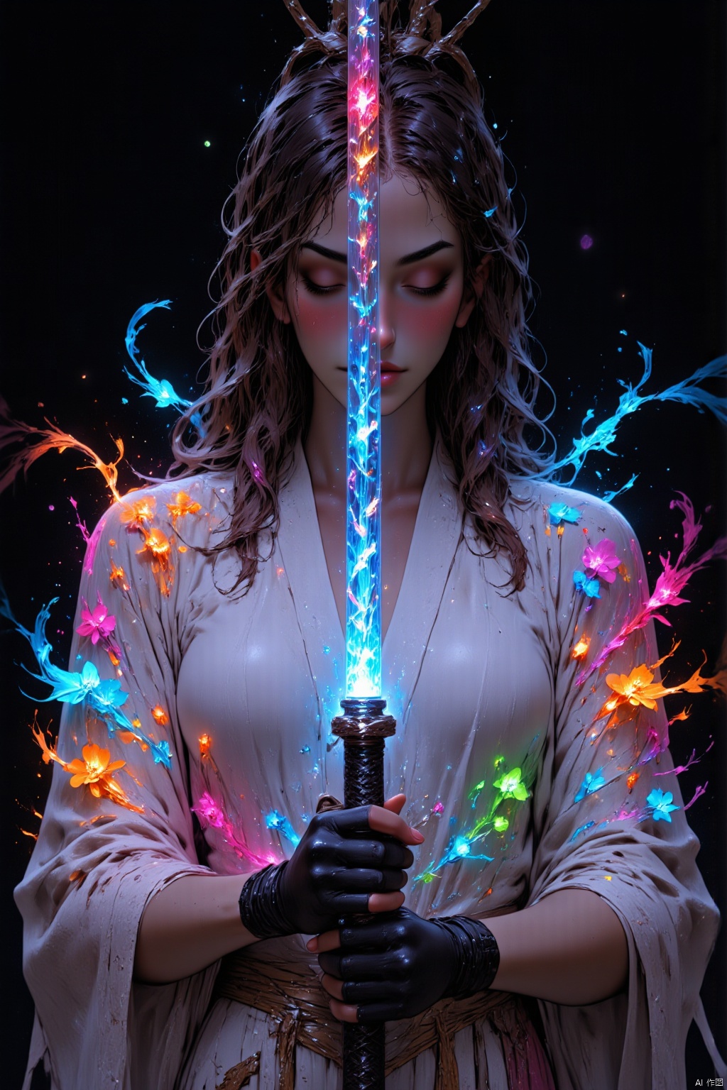 A young woman with shoulder-length wavy black hair is shown from the torso up, holding a glowing katana in front of her. She is wearing a traditional kimono that is white with iridescent, vibrant floral patterns in shades of pink, orange, blue, and green. The katana has a glowing, rainbow-colored blade, with the hilt held firmly in both her hands. Her right hand, visible and ungloved, grips the handle near the bottom, while her left hand, wearing a black glove, is placed near the guard. Her expression is calm, her gaze lowered. The kimono drapes softly over her form, and colorful, ethereal flowers seem to emerge from the fabric. The background is dark and minimal, which contrasts sharply with the vibrant light coming from the sword and the glowing floral patterns on her clothing. The lighting emphasizes the soft glow of the sword and flowers, creating a magical, serene atmosphere. The perspective is a close-up shot focusing on the upper half of her body, highlighting the intricate details of her kimono and the vibrant, colorful light effects.