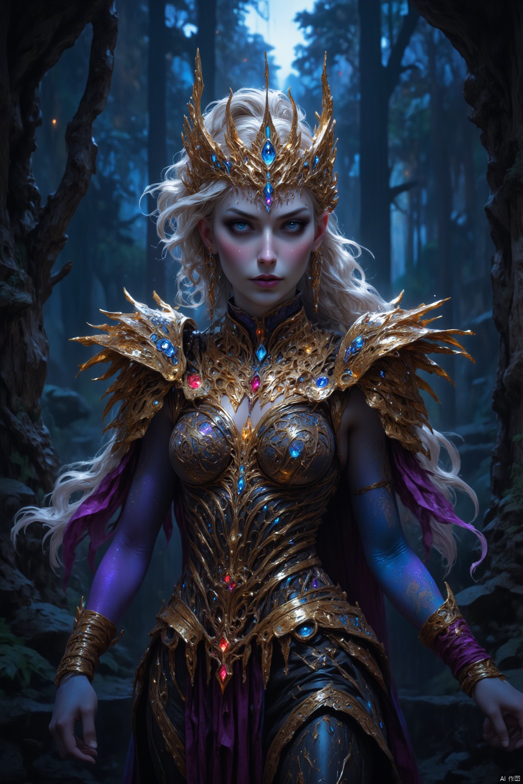 Portrait of a fierce elf warrior with glowing golden armor, ethereal blue skin, flowing silver hair, and piercing violet eyes. Set against a twilight forest background, the scene is illuminated by soft, mystical light filtering through the trees. The elf's armor is intricately designed with magical runes, slightly worn from battle, but still radiating power. Face close-up with ultra face details, capturing the intense gaze and elegance of the warrior. Highly detailed, 8k resolution, fantasy realism, mystical atmosphere, dramatic lighting, enchanted environment dquarkeen,BV-BETDIGPOR 