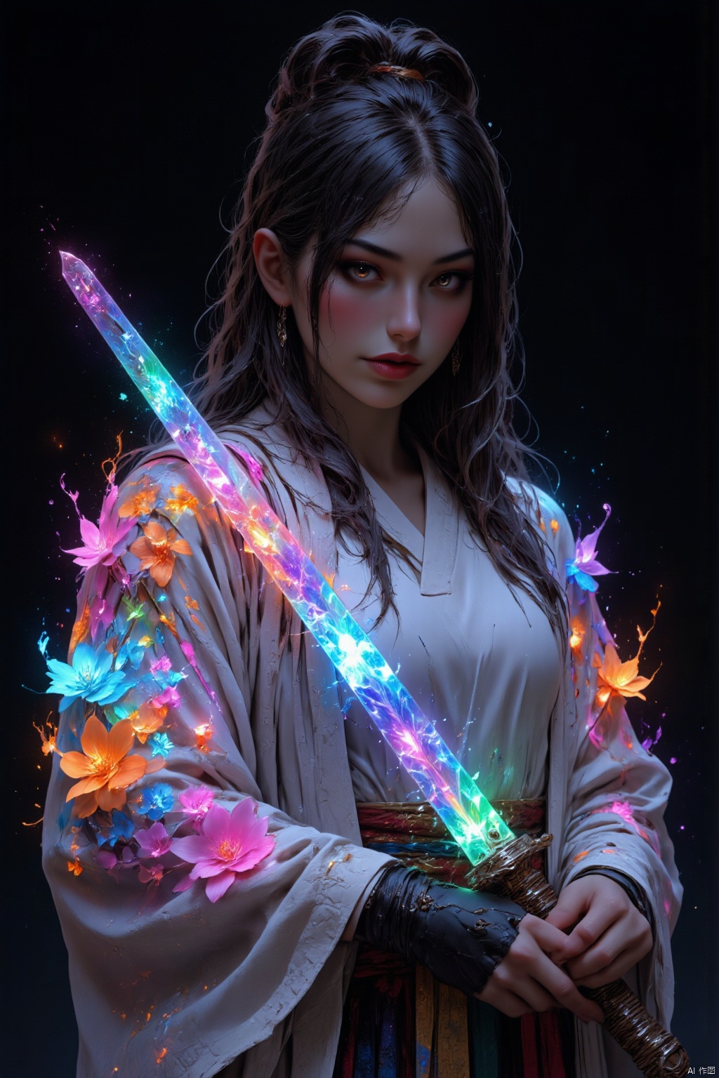 A young woman with shoulder-length wavy black hair is shown from the torso up, holding a glowing katana in front of her. She is wearing a traditional kimono that is white with iridescent, vibrant floral patterns in shades of pink, orange, blue, and green. The katana has a glowing, rainbow-colored blade, with the hilt held firmly in both her hands. Her right hand, visible and ungloved, grips the handle near the bottom, while her left hand, wearing a black glove, is placed near the guard. Her expression is calm, her gaze lowered. The kimono drapes softly over her form, and colorful, ethereal flowers seem to emerge from the fabric. The background is dark and minimal, which contrasts sharply with the vibrant light coming from the sword and the glowing floral patterns on her clothing. The lighting emphasizes the soft glow of the sword and flowers, creating a magical, serene atmosphere. The perspective is a close-up shot focusing on the upper half of her body, highlighting the intricate details of her kimono and the vibrant, colorful light effects.,BEST_OF