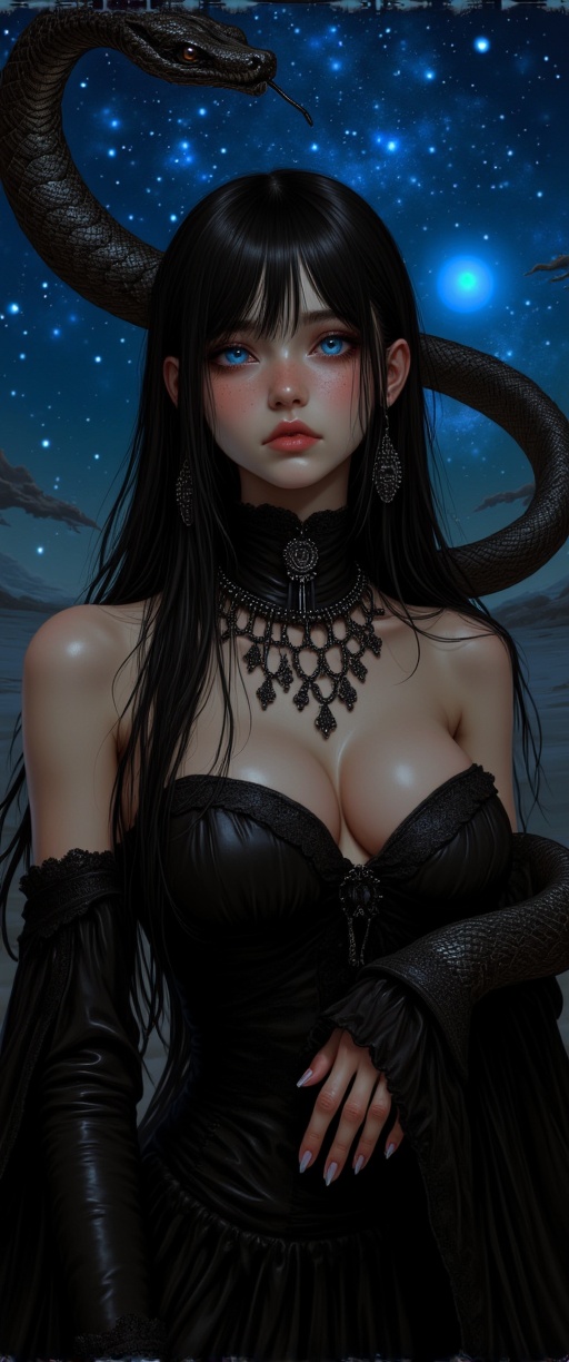 A dimly lit,  moonless night sky sprawls across the frame,  its inky blackness punctuated by stars that seem to writhe lik...