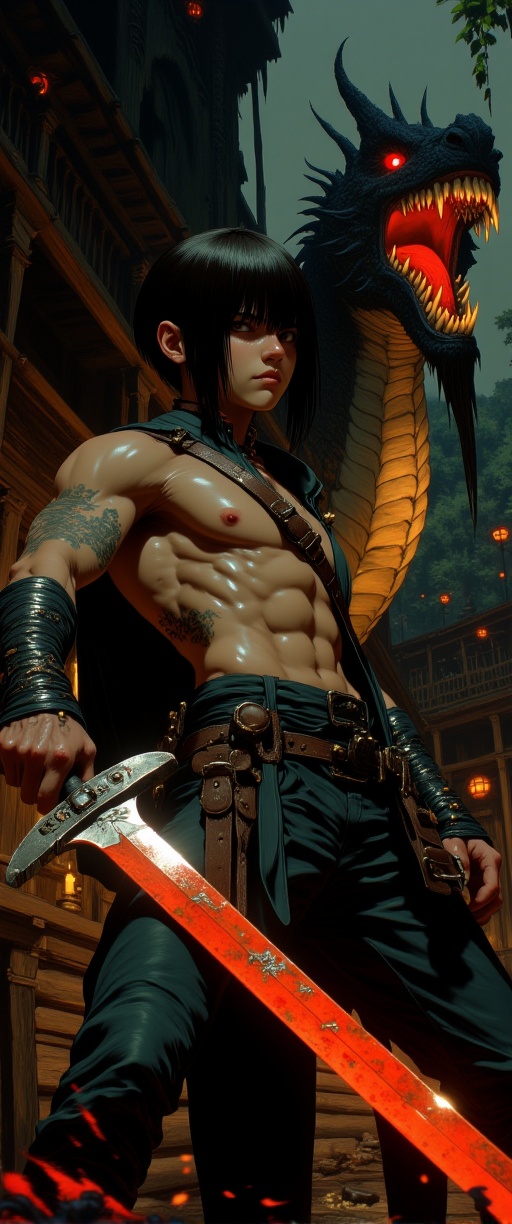 muscular sword fighter street photography of a young man as a ((warrior)) with ((pixie cut hair)) wearing (face tattoos),...