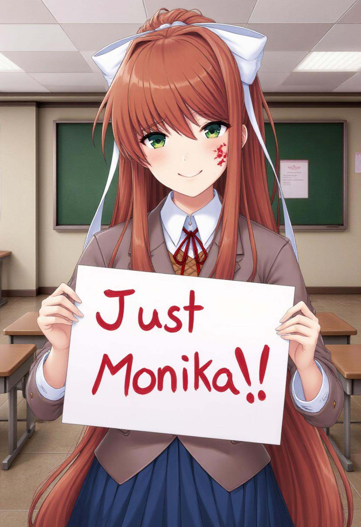 A girl named MONIKA is wearing a school uniform, with blood on her face, and she is smiling and holding up a sign with "Just Monika!" written in blood on it.The background is a school classroom with many desks and a blackboard.The overall style is anime.