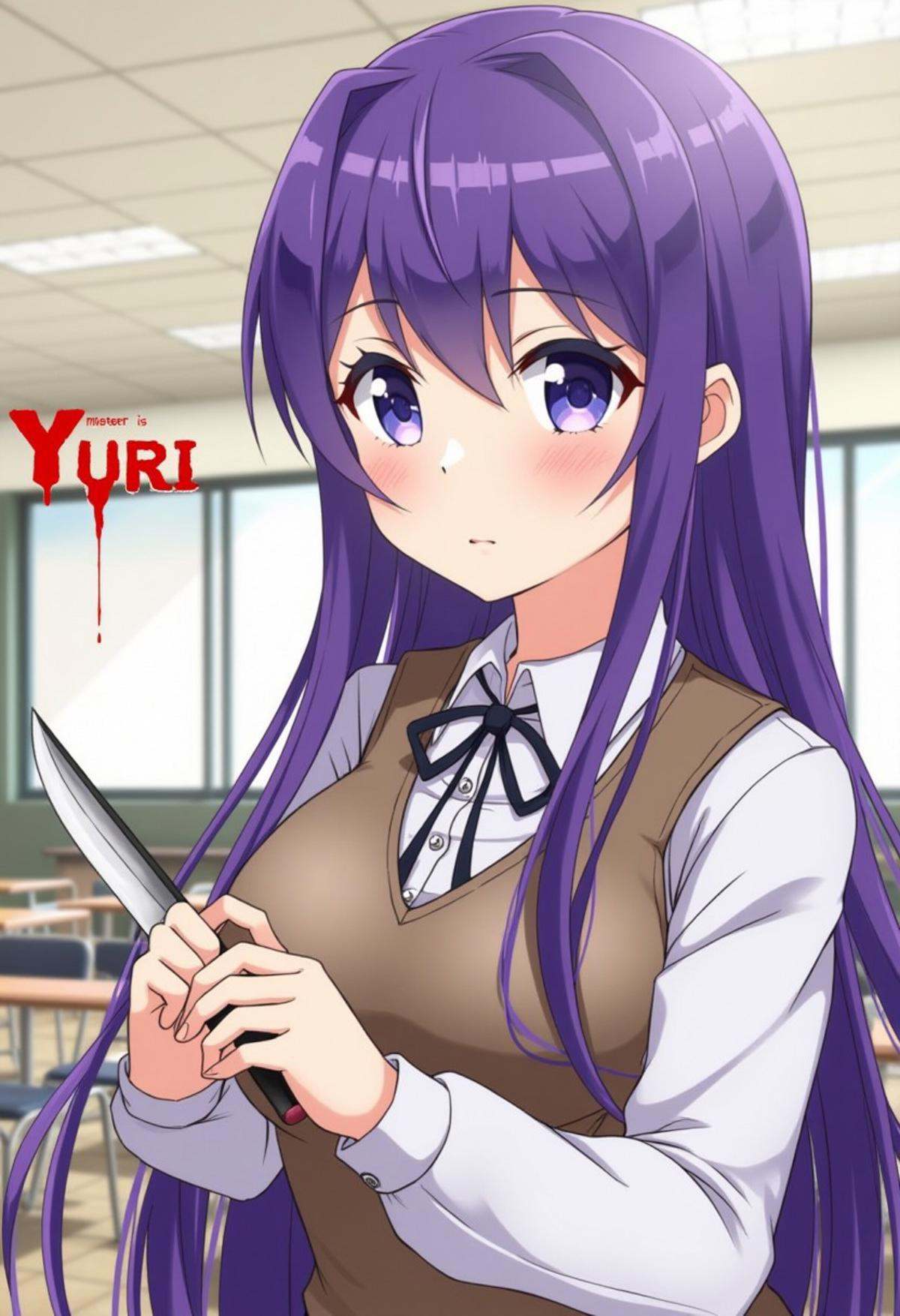 An anime image of a girl named YURI who cames from DOKI DOKI LITERATURE CLUB with long purple hair and blue eyes. The girl is holding a knife in her right hand. She is wearing a white collared shirt and a brown vest. The background is classroom. To the left of the girl is a blood text that reads "Yuri is Master"